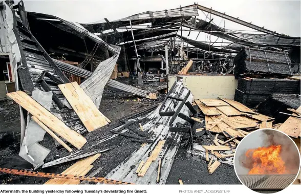  ?? PHOTOS: ANDY JACKSON/STUFF ?? Aftermath: the building yesterday following Tuesday’s devastatin­g fire (inset).