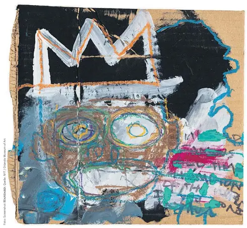  ?? ?? Dieses Selbstport­rät soll Basquiat 1982 auf einem Karton von Fedex gemalt haben. Die Schriftart des Aufdrucks der Firma auf der Rückseite wurde jedoch erst ab 1994 verwendet.