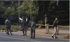  ?? AP ?? Security troops near the Israeli embassy in New Delhi after a suspected bomb attack within 100 metres of the compound