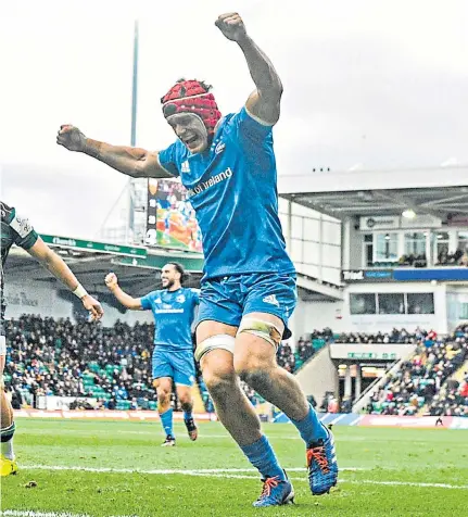  ??  ?? Finishing touch: Ross Byrne scores the fifth of Leinster’s seven tries against Northampto­n at Franklin’s Gardens