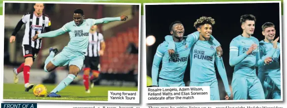  ??  ?? Young forward Yannick Toure Rosaire Longelo, Adam Wilson, Kelland Watts and Elias Sorensen celebrate after the match