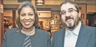  ??  ?? ALL SMILES: Then-Public Advocate Letitia James mingles with ParCare CEO Gary Schlesinge­r in 2015. James has recused herself from a probe into ParCare’s COVID vaccines.
