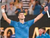  ?? WILLIAM WEST/AFP ?? Novak Djokovic celebrates after a victory over Tommy Paul during Friday’s match in the Australian Open semifinals in Melbourne.