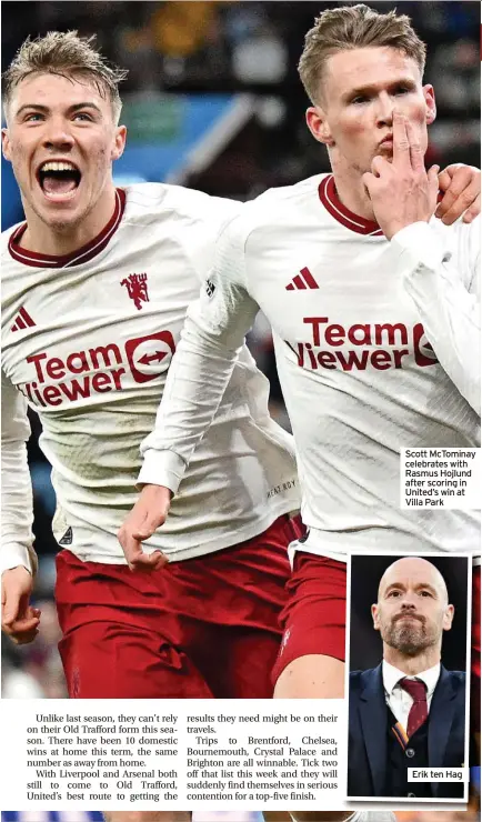  ?? ?? Scott McTominay celebrates with Rasmus Hojlund after scoring in United’s win at Villa Park