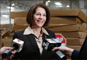  ?? STEVE MARCUS ?? Sen. Catherine Cortez Masto, D-nev., listens to a question from a reporter in January after a tour of the Temperpack Technologi­es facility in northeast Las Vegas. Republican Adam Laxalt, Cortez-masto’s opponent in this year’s race for the U.S. Senate from Nevada, chops off part of her name when referring to her.