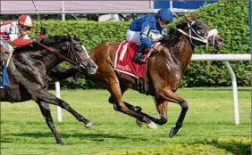  ?? Skip Dickstein / Special to the Times Union ?? Rinaldi, ridden by Luis Saez, goes gate to wire to win the Forbidden Apple Stakes on Friday. The gelding has won four of five starts at the Spa.