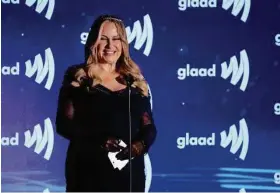  ?? ?? Randy Shropshire/Getty Images for GLAAD Jennifer Coolidge speaks onstage during the GLAAD Media Awards at The Beverly Hilton on Thursday in Beverly Hills, Calif.