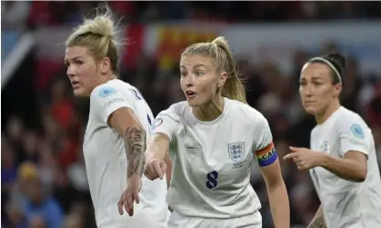  ?? Norway. Photograph: Rui Vieira/AP ?? Leah Williamson (centre) played in defence alongside Millie Bright (left) and Lucy Bronze against Austria but could move into midfield against