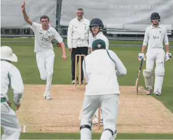  ??  ?? Hetton Lyons bowler Josh Coughlin celebrates having Liam Trevaskis caught by wicketkeep­er Jarvis Clay.