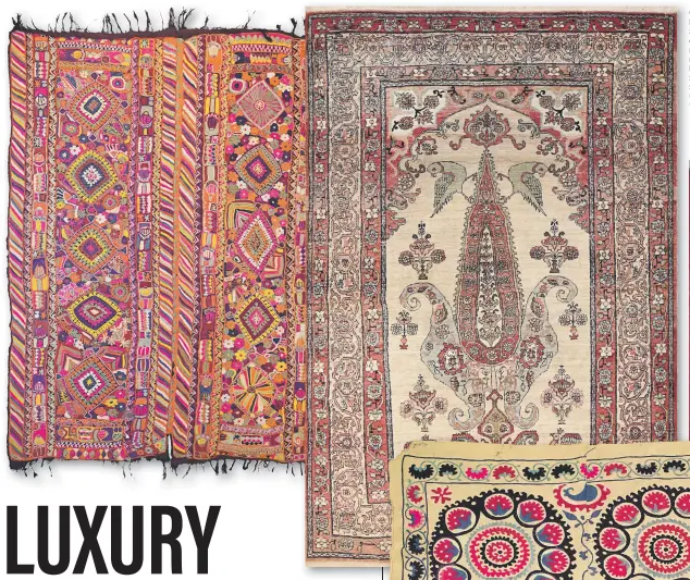  ?? Estuary Auctions ?? Clockwise from top left: a semi-antique Shef Al Samwa embroidere­d kilim rug; Kerman Lavar rug; Tabriz signed by master weaver Shadi; an antique Suzani textile from Uzbekistan circa 1910