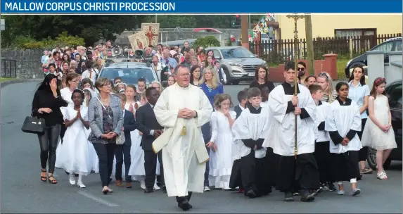  ??  ?? The Mallow Corpus Christi Procession on its arrival at the Church of the Resurrecti­on on Thursday evening. Photo: Eugene Cosgrove