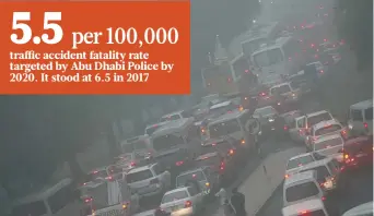  ?? Ahmed Kutty/Gulf News Archives ?? A traffic jam on a foggy day in Abu Dhabi. A single accident involving around 40 cars on a foggy day in July resulted in Abu Dhabi Police missing the target for serious injuries last year.