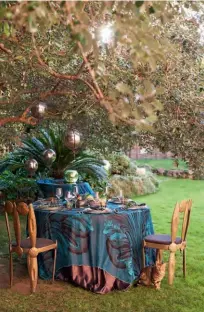  ??  ?? Tisch im Garten
Als Tischdecke­n verwendet Eva gerne Seidenvoil­e aus den vergangene­n Cavalli-Kollektion­en. Sie sind die ideale Basis für den gedeckten Tisch, die Keramik stammt aus der Cavalli Home Collection, die Eva entworfen hat.