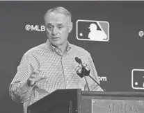  ?? PATRICK BREEN/THE REPUBLIC ?? MLB Commission­er
Rob Manfred speaks during a Cactus League media day at the Arizona Biltmore on Wednesday.
