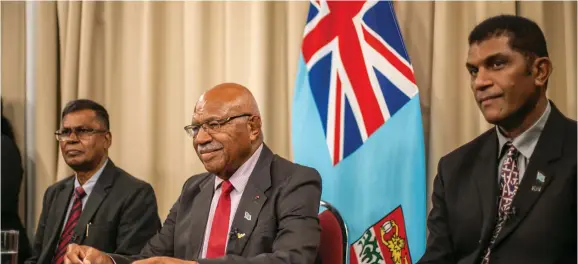  ?? Photo: Leon Lord ?? From left: Deputy Prime Minister and Minister for Finance Biman Prasad, Prime Minister Sitiveni Rabuka and Minister for Education Aseri Radrodro during the press conference at the Office of the Prime Minister on January 10, 2023.