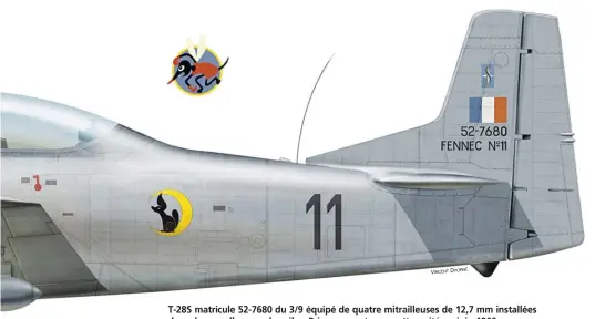  ?? VINCENT DHORNE ?? T-28S matricule 52-7680 du 3/9 équipé de quatre mitrailleu­ses de 12,7 mm installées dans des nacelles sous les ailes. Pris en compte par cette unité en juin 1960, il poursuivit sa carrière en Argentine à partir de juillet 1966.