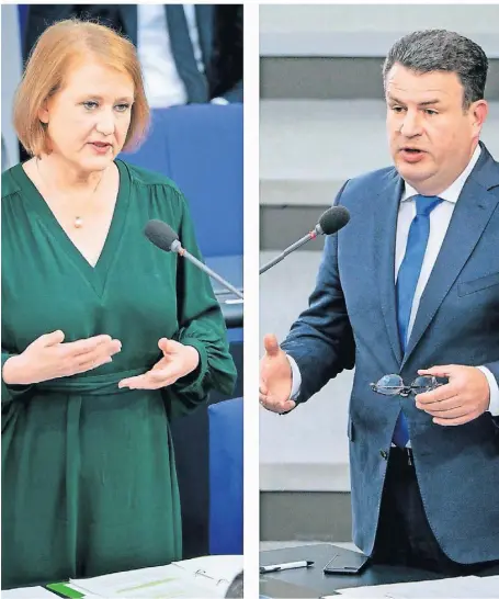  ?? FOTO: POLITICAL-MOMENTS/IMAGO ?? Mussten bei der Befragung der Regierung im Bundestag Rede und Antwort stehen: Familienmi­nisterin Lisa Paus (Grüne) und Arbeitsmin­ister Hubertus Heil (SPD).