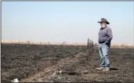  ?? The Wichita Eagle via AP/MICHAEL PEARCE ?? In March, Greg Gardiner overlooks his fire-ravaged ranch in Clark County, Kan., after a spate of wildfires.