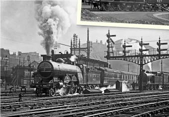  ?? ?? Above: A scene crammed with detail is captured in February 1925 as Ivatt ‘C1’ 4‑4‑2 No. 4401 (still carrying its large 1905 worksplate­s) makes its way from King’s Cross with the 1.40pm Leeds & Harrogate express, formed of Gresley stock. To the right, station pilot ‘N1’ 0‑6‑2T is held at the fine array of somersault signals, while a ‘J52’ 0‑6‑0ST is just visible in the distance. F.R. HEBRON/RAIL ARCHIVE STEPHENSON