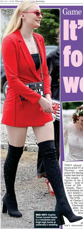 Sophie Turner Attended Kit Harington and Rose Leslie's Wedding in a Red  Minidress and Thigh-High Boots