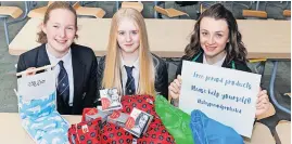  ?? ?? Support Balfron High School pupils Murrin Thomson, Leah Howe and Millie Hadley-stove. Stirling Council is asking local people where, when and how they want access to free period products as part of a new consultati­on