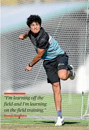  ?? GETTY IMAGES ?? Left-arm spinner Rachin Ravindra bowls during a New Zealand nets session at their pre-England tour training camp at Lincoln.