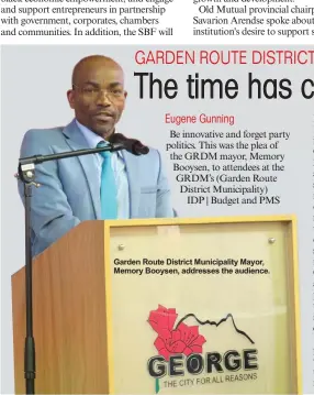  ??  ?? Garden Route District Municipali­ty Mayor, Memory Booysen, addresses the audience.