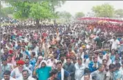  ?? HT PHOTO ?? Members of Rajput outfits protest at Sanvrad, the native village of slain gangster Anandpal Singh, on Wednesday.