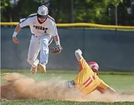  ?? KENNETH K. LAM/BALTIMORE SUN ?? Archbishop Curley second baseman Ryan Parks jumps out of the way after tagging out Calvert Hall’s Conner Keys during the third inning.