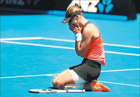  ?? DITA ALANGKARA / AP ?? Croatia’s Mirjana Lucic-Baroni weeps tears of joy after beating Karolina Pliskova of the Czech Republic in the Australian Open quarterfin­al on Wednesday in Melbourne. Lucic-Baroni won 6-4, 3-6, 6-4 and next faces 22-time major winner Serena Williams...