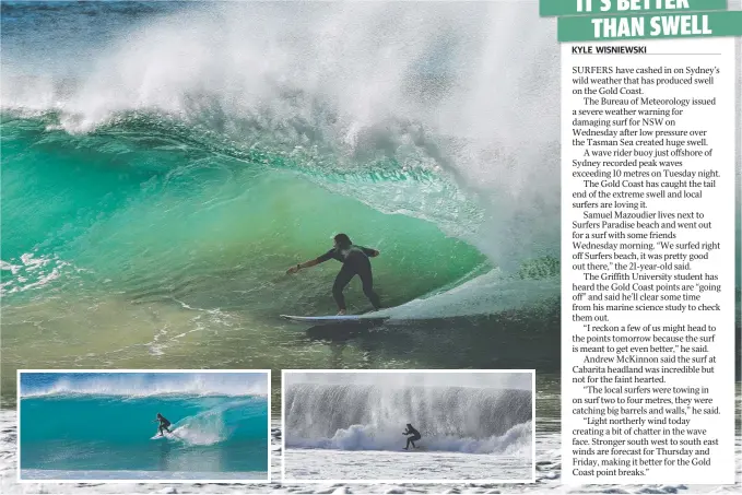  ?? Picture: GLENN HAMPSON ?? Student Samuel Mazoudier, 21, gets slotted in a beautiful two-metre beach-break barrel off Ocean Street at Surfers Paradise.