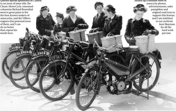  ??  ?? Motorised midwives prepare for another day’s work by strapping their baskets to the carriers of an assortment of autocycles (the nearest looking like a Rudge) in December 1944. Sometimes they had to call on four or five expectant mothers per day, with each rider getting through about half a gallon of petroil in the process.