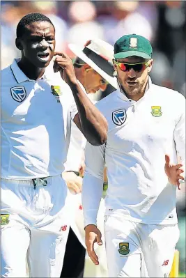  ?? Picture: GETTY IMAGES ?? PLAY PLAN: Kagiso Rabada and Faf du Plessis during a game on the recent tour to Australia