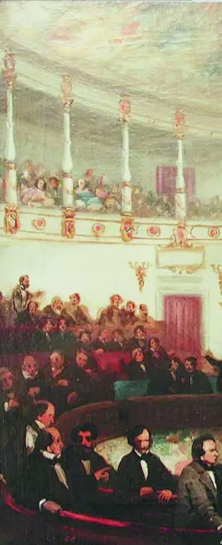  ??  ?? Espartero, en el centro y flanqueado por la bancada progresist­a, en una sesión de 1854 y obra de E. L. Velázquez