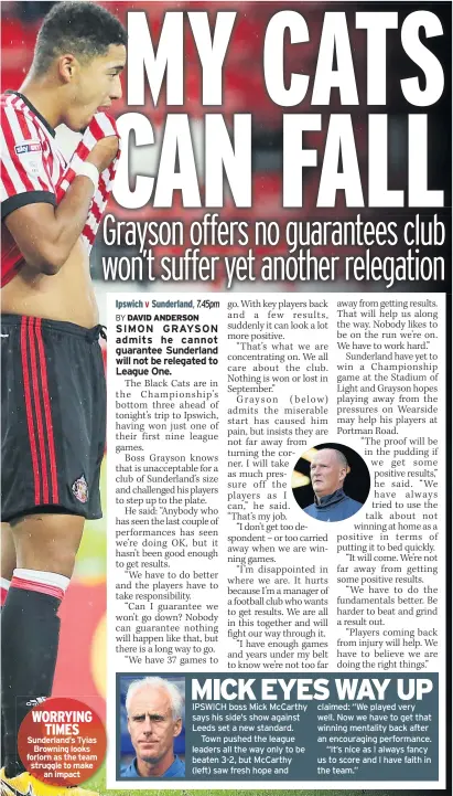  ??  ?? WORRYING TIMES Sunderland’s Tyias Browning looks forlorn as the team struggle to make an impact