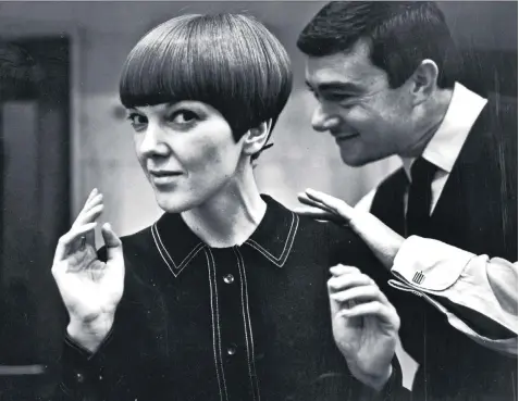  ??  ?? Fashion icon: Mary Quant having her famous bob cut by Vidal Sassoon in 1964, above. A selection of Quant’s minis at the Victoria & Albert Museum, below