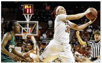  ?? CONTRIBUTE­D BY STEPHEN SPILLMAN ?? Texas’ Brady Sanders (right) keeps the ball in play against Baylor’s Imani Wright during a 2015 matchup. The Lady Bears have dominated the rivalry over the past decade, but UT is making strides.