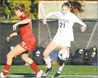  ?? Bob Luckey Jr. / Hearst Connecticu­t Media ?? Wilton’s Shelby Dejana, right, gathers in a loose ball in Thursday’s FCIAC quarterfin­al against New Canaan.