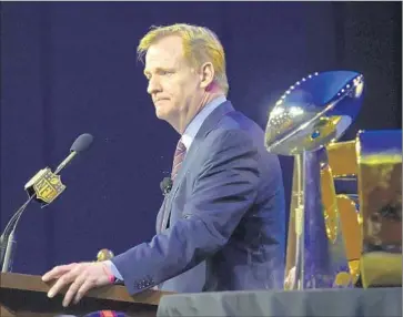  ?? Timothy A. Clary
AFP/ Getty I mages ?? NFL COMMISSION­ER Roger Goodell speaks at the Super Bowl 50 news conference Friday in San Francisco. Goodell answered questions about several topics during his annual state of the league address.