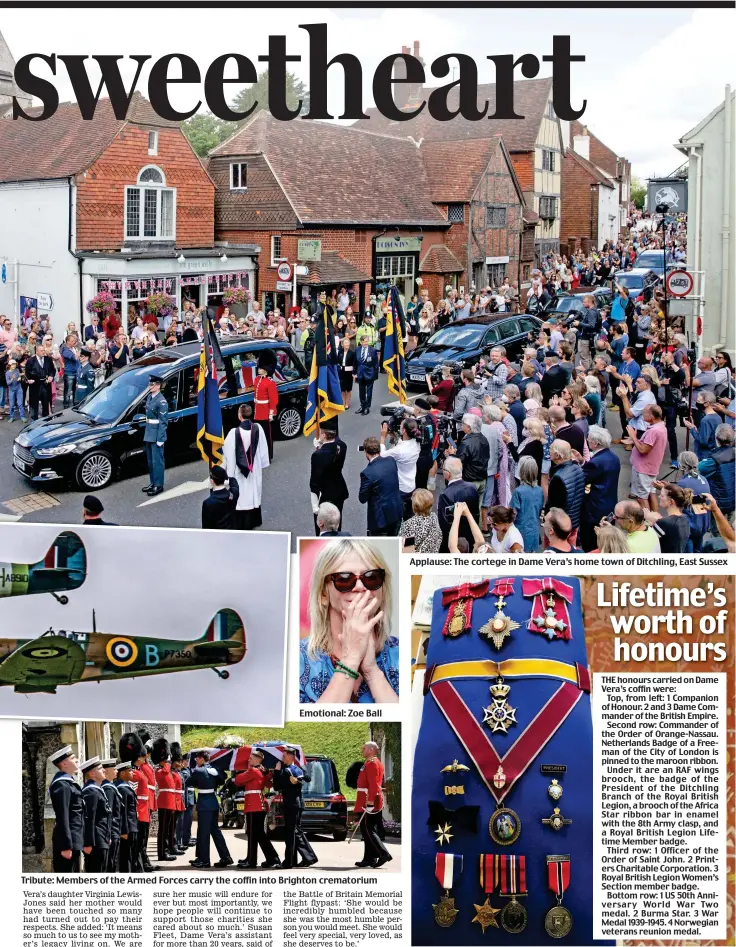  ??  ?? Emotional: Zoe Ball
Tribute: Members of the Armed Forces carry the coffin into Brighton crematoriu­m
Applause: The cortege in Dame Vera’s home town of Ditchling, East Sussex