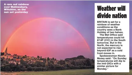  ?? Picture: ROBERT PEEL/SWNS ?? A rare red rainbow over Malmesbury, Wiltshire, as the sun set yesterday