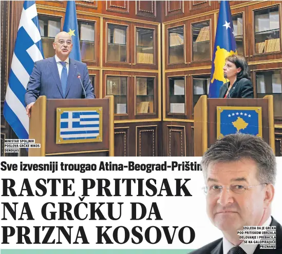  ??  ?? ministar spoljnih poslova grčke nikos dendijas
Izgleda da je grčka pod pritiskom ubrzala delovanje I prebacila se na galopiraju­će priznanje