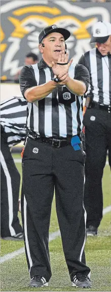  ?? JOHN RENNISON HAMILTON SPECTATOR FILE PHOTO ?? Hamilton’s Tom Vallesi, seen here announcing an illegal block call in a game in Hamilton, has been named referee for the 106th Grey Cup.