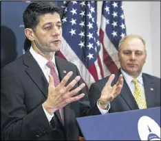  ?? THE NEW YORK TIMES ?? House Speaker Paul Ryan, R-Wis., (left) speaks as House Majority Whip Steve Scalise, R-La., looks on at a news conference Tuesday about plans to continue an effort to repeal the Affordable Care Act.