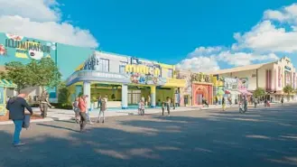  ?? UNIVERSAL ORLANDO ?? Minion Cafe will open this summer as part of Minion land at Universal Studios theme park. At the far right of the illustrati­on is the upcoming Villain-Con Minion Blast.