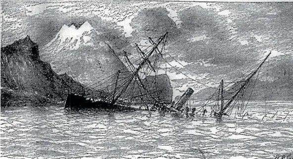  ??  ?? The Mataura goes under. The ship was entering the Magellan Strait when it struck Desolation Island on January 12, 1898.