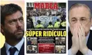  ??  ?? Andrea Agnelli (left), Florentino Pérez (right) and what Marca made of the Super League fiasco. Composite: Getty/Marca/Reuters