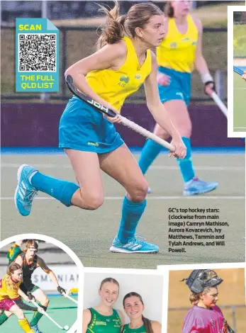  ?? ?? GC’s top hockey stars: (clockwise from main image) Camryn Mathison, Aurora Kovacevich, Ivy Matthews, Tammin and Tylah Andrews, and Will Powell.