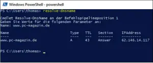  ??  ?? In der PowerShell testen Sie die Namensau ösung im Netzwerk und im Internet. Dadurch  nden Sie schneller Fehler.