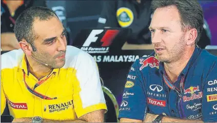  ?? FOTO: GETTY ?? Cyril Abiteboul y Christian Horner en rueda de prensa. Las diferencia­s entre Renault y Red Bull están en su punto álgido